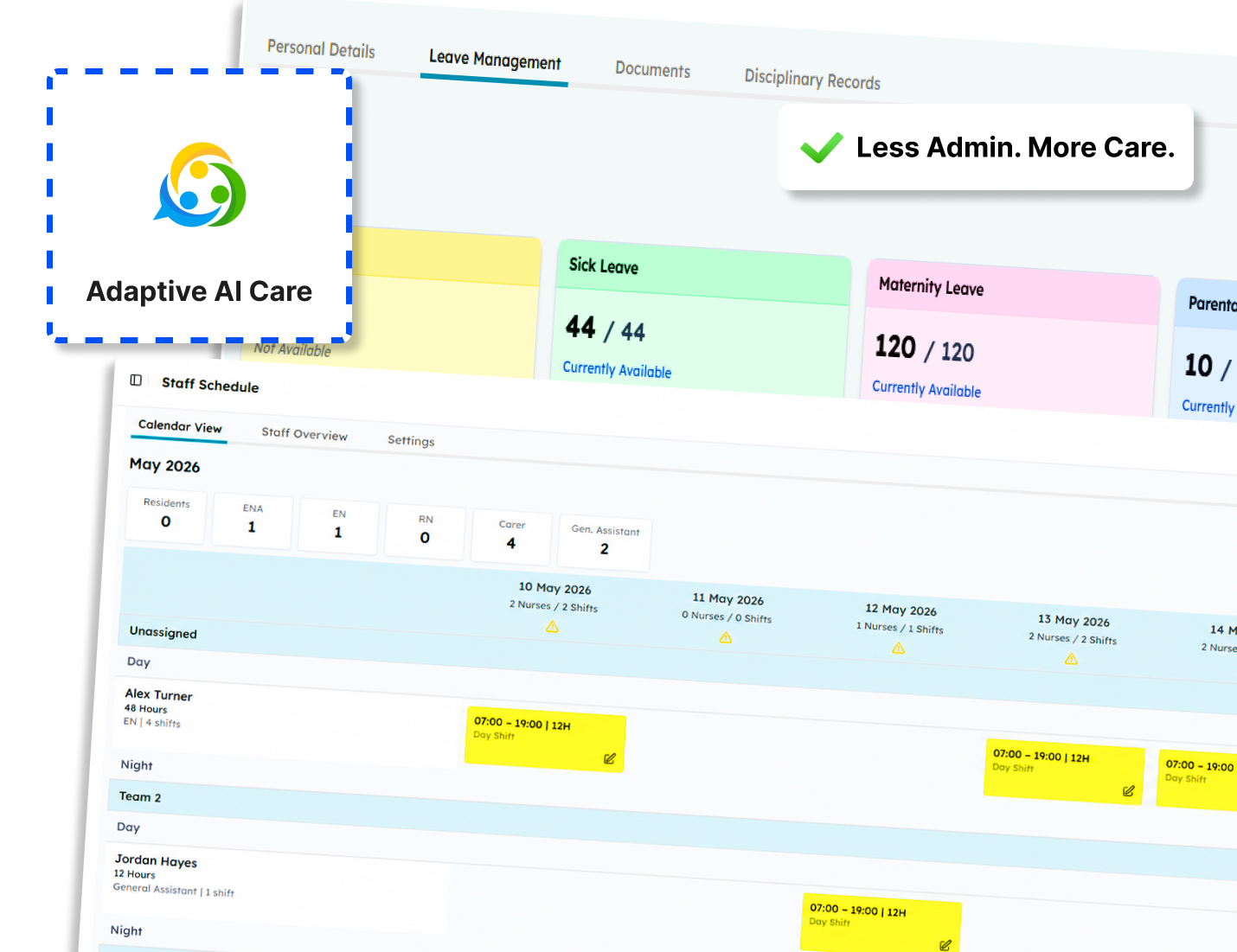 Healthcare management dashboard showing leave management and staff scheduling features.