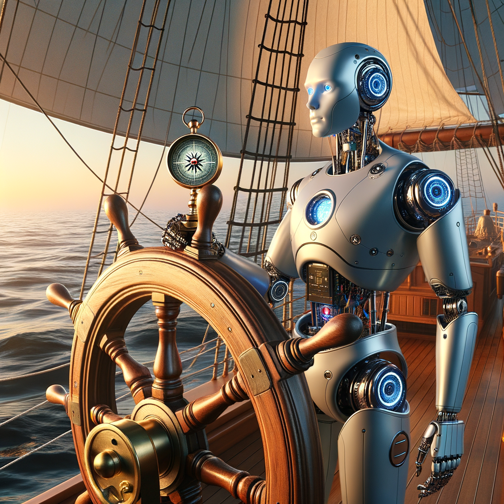 Create a AI Robot Ship Captian on a sail boat looking at a compass.