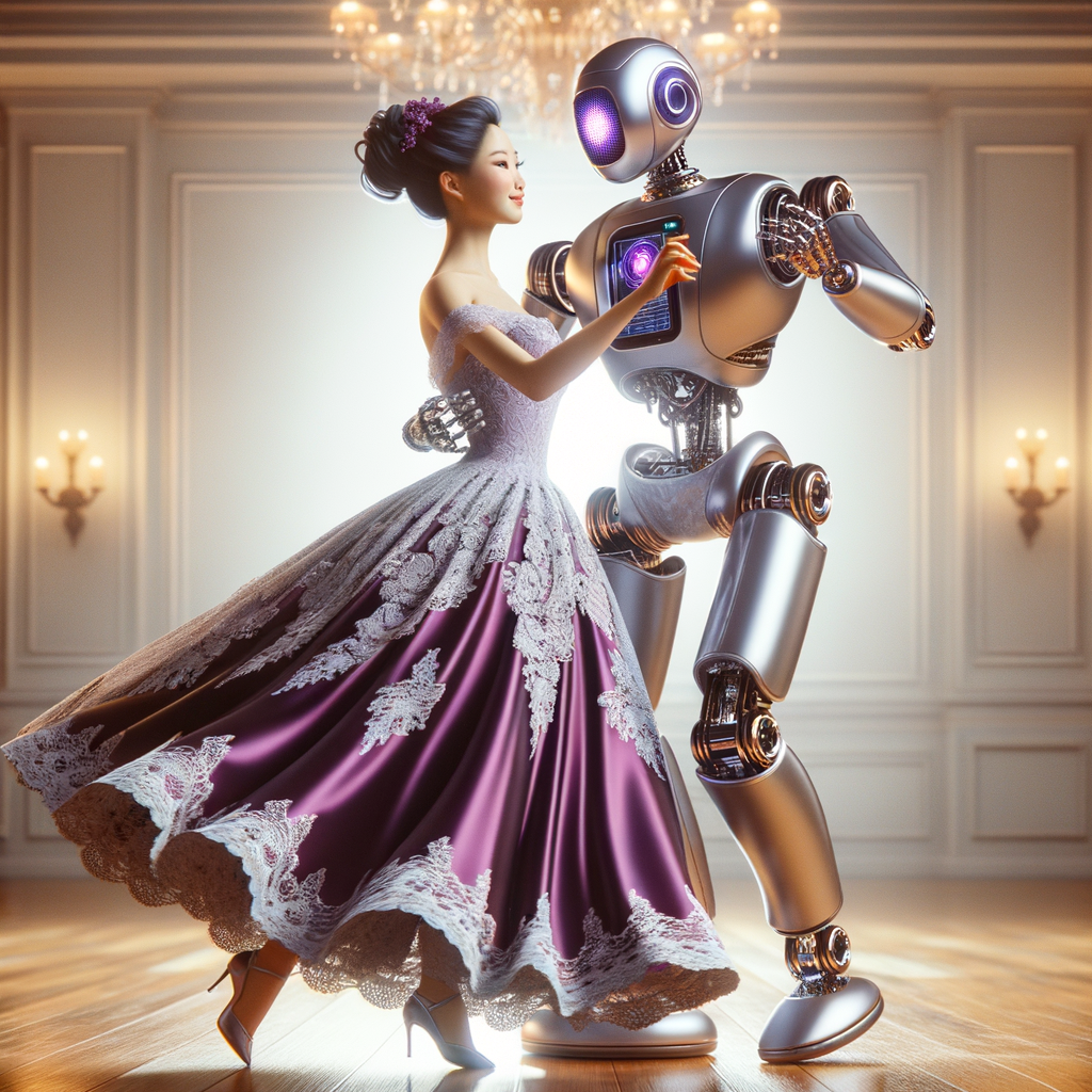 Create an image of AI robot doing the waltz with a Lady