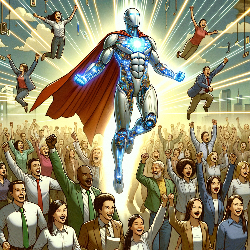 AI superhero bridging corporate department silos. make it exciting and show happy people use a Anime style.